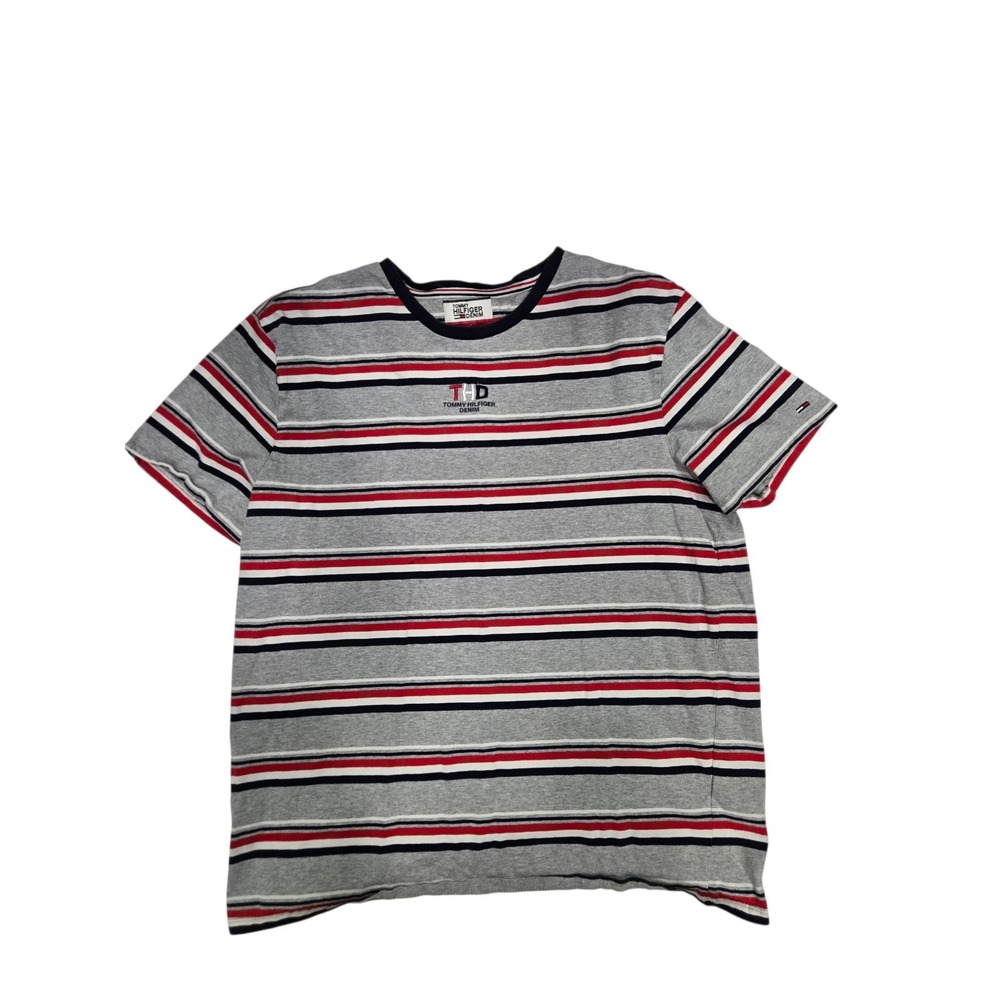 Tommy Hilfiger Denim Mens Large Gray Striped‎ Short Sleeve T-Shirt THD Logo...